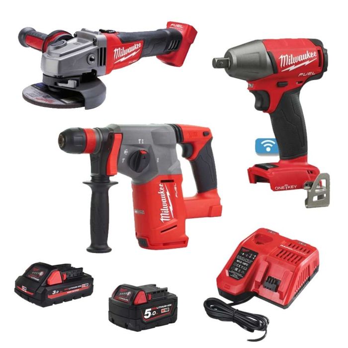 Milwaukee - Pachet masina de insurubat cu impact M18ONEIWP12-0X, polizor unghiular M18CAG115X-0X, ciocan rotopercutor M18 CHX-0, acumulatori 5 Ah si 3 Ah, incarcator rapid [MET-13047]