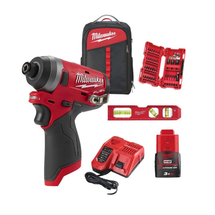 Milwaukee - Masina de insurubat cu impact 147Nm, M12FID-0, Hex 1/4", cu acumulator 12V, 3.0Ah, incarcator, rucsac + nivela magnetica 17cm + trusa biti 33 piese [MET-13379]