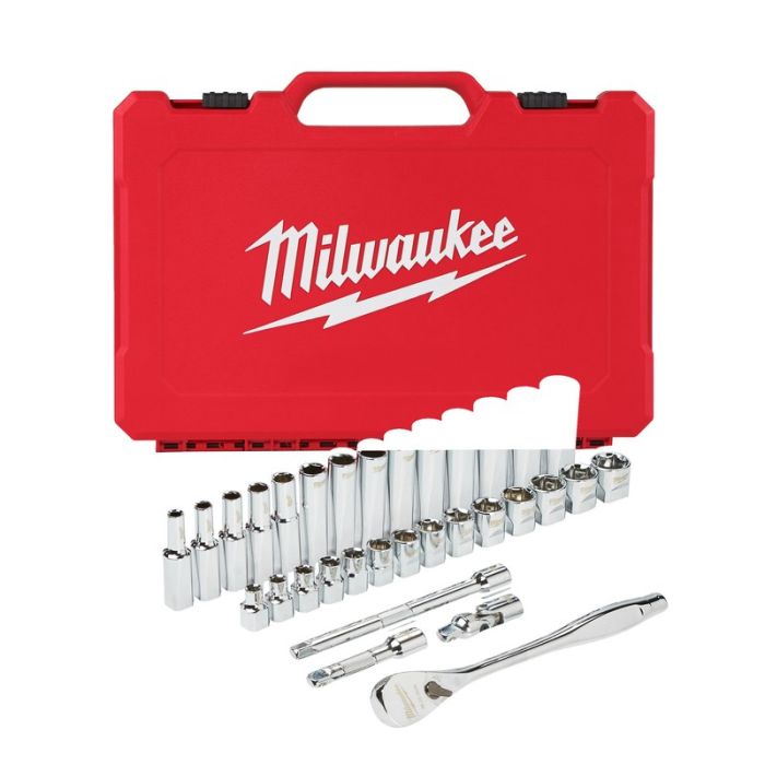 Milwaukee - Trusa antrenor cu clichet 3/8" si chei tubulare, sistem metric, 32 piese [4932464945]