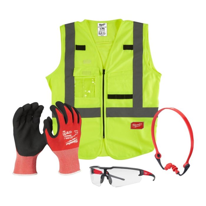 Milwaukee - Kit PPE pentru constructori, cu ochelari protectie, antifoane, manusi rezistente la taiere mas. 9/L si vesta reflectorizanta L/XL [4932492062]