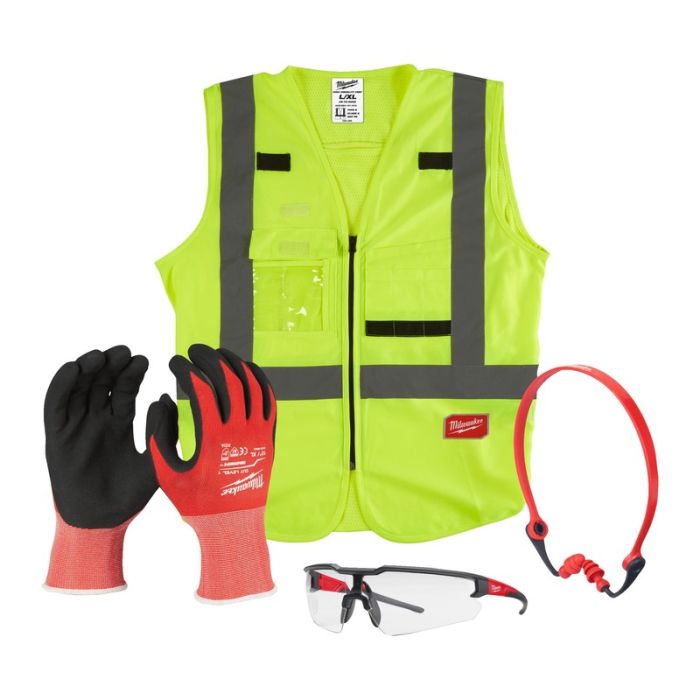 Milwaukee - Kit PPE pentru constructori, cu ochelari protectie, antifoane, manusi rezistente la taiere mas. 10/XL si vesta reflectorizanta L/XL [4932492063]