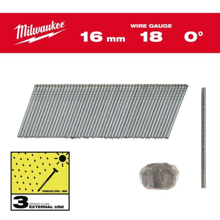 Milwaukee - Cuie din inox, 18G, 16 mm, pentru M18FN18GS, 10000 bucati [4932492557]