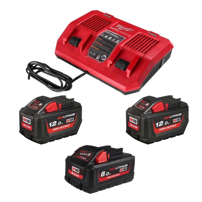 Milwaukee - Set 2x acumulator Li-Ion 18V, 12.0Ah + acumulator Li-Ion 18V, 8.0Ah + incarcator dublu M18DFC, M18HNRGO2-824 [4932492933]