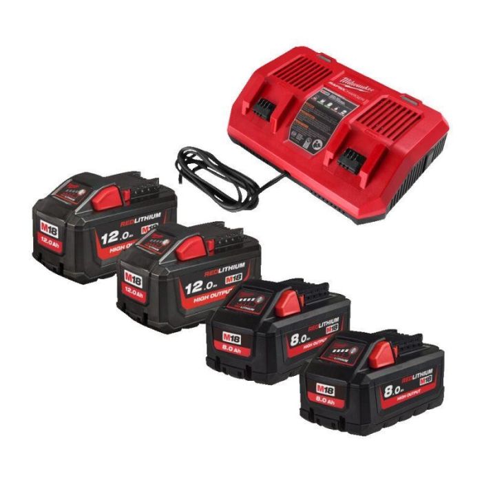 Milwaukee - Set 2x acumulator Li-Ion 18V, 12.0Ah + 2x acumulator Li-Ion 18V, 8.0Ah + incarcator dublu M18DFC, M18HNRGO2-824 [4932492934]