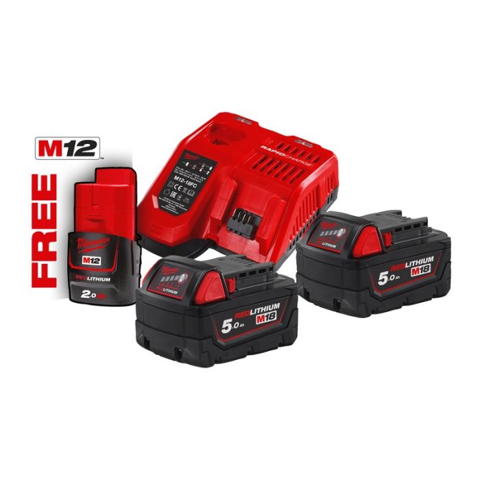 Milwaukee - Set 2x acumulator Li-Ion M18B5, 18V, 5.0Ah + acumulator Li-Ion M12B2, 12V, 2.0Ah + incarcator M12-18FC, M18NRG-502 [4933459217]