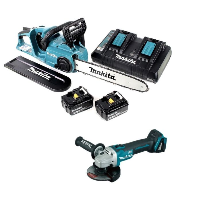 Makita - Ferastrau cu lant + acumulator Li-Ion 18V 3x5.0Ah + incarcator dublu + DGA504Z + Makpac [DUC353Z+198844-1]