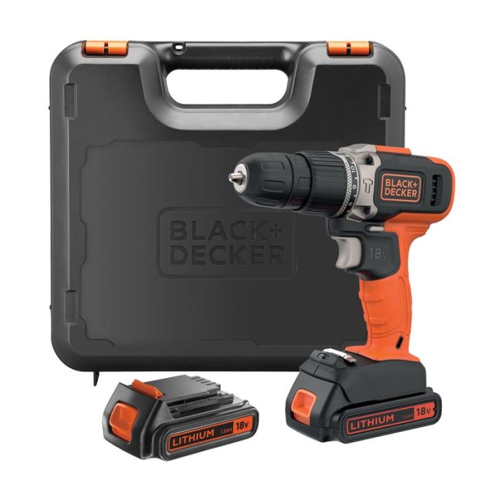 Black+Decker - Masina de gaurit si insurubat cu percutie 45Nm, cu 2 acumulatori 18V, 1.5Ah, incarcator, valiza [BCD003C2K-QW]