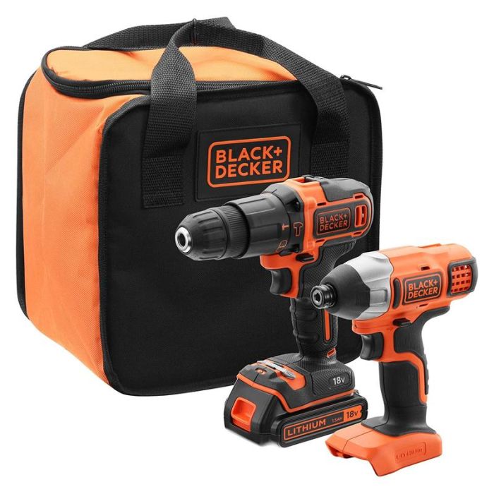 Black+Decker - Pachet masina de gaurit si insurubat BDCHD18 + masina de insurubat cu impact BDCIM18N, cu acumulator 18V, 1.5Ah, incarcator, valiza [BCK21S1S-QW]