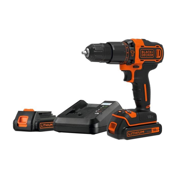 Black+Decker - Masina de gaurit si insurubat cu percutie 40Nm, cu 2 acumulatori 18V, 2.0Ah, incarcator, valiza [BDCHD18K1B2-QW]