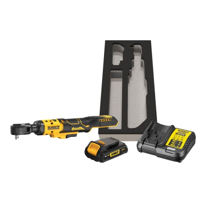 DeWALT - Antrenor cu clichet 3/8", 95Nm, cu acumulator 18V, 2.0Ah, incarcator, insertie spuma [DCF513D1G-QW]