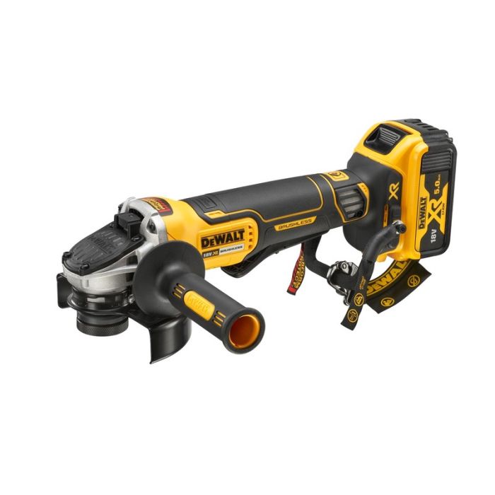 DeWALT - Polizor unghiular 125mm, 9000 rot/min, cu acumulator 18V 2x5.0Ah, incarcator, comutator clapeta, snur de prindere, TSTAK [DCG406P2LRT-QW]