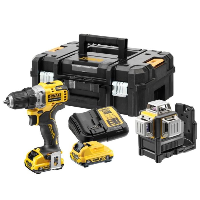 DeWALT - Set 2 scule masina de gaurit si insurubat DCD701 + laser DCE089, cu acumulatori 12V, 2x2.0Ah, incarcator si cutie TSTAK [DCK212D2T-QW]