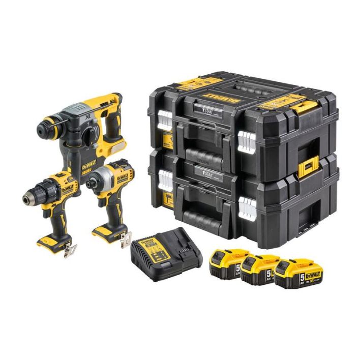 DeWALT - Set 3 scule 18V DCD708, DCF809, DCH273, 3 acumulatori 5Ah, incarcator, 2 cutii TSTAK II [DCK377P3T-QW]