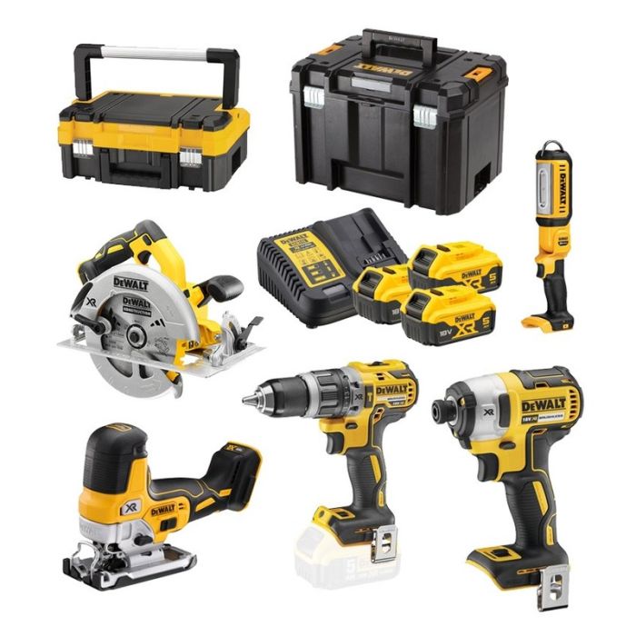 DeWALT - Set 5 scule DCD796N, DCF887N, DCS335N, DCS570N, DCL050N, cu acumulatori 18V, 3x5.0Ah, incarcator si cutii 2xTSTAK [DCK500P3T-QW]