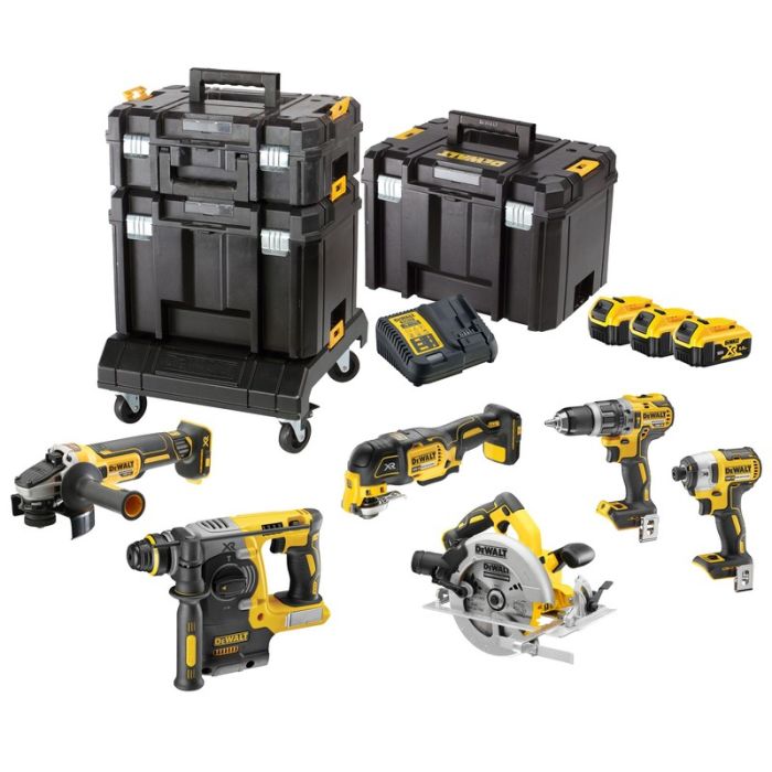 DeWALT - Set 6 scule DCD796N, DCF887N, DCS355N, DCH273N, DCS570N, DCG405N, cu acumulatori 18V, 3x5.0Ah, incarcator si cutii 3xTSTAK [DCK685P3T-QW]