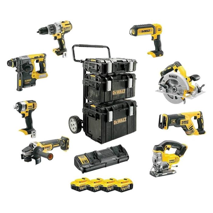 DeWALT - Set 8 scule DCD996N, DCF880N, DCH273N, DCS367N, DCS570N, DSC331N, DCG405N, DCL050N, cu acumulatori 18V, 4x5.0Ah, incarcator, cutii (DS150+DS300+DS400) si carucior Tough system [DCK854P4-QW]