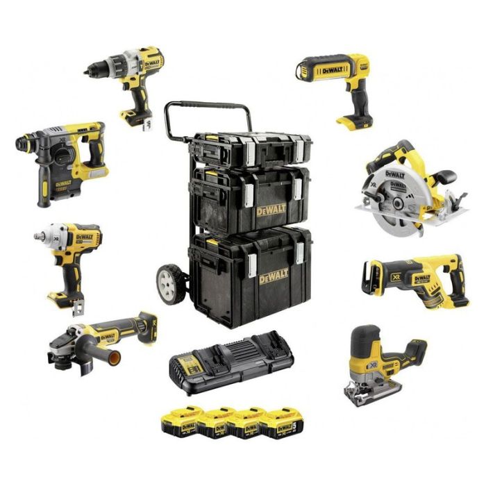 DeWALT - Set 8 scule DCD996N, DCS367N, DCS355N, DCH273N, DCG405N, DCS570N, DCL050N, cu acumulatori 18V, 4x5.0Ah, incarcator, cutii (DS150, DS300, DS400) si carucior Tough system [DCK856P4-QW]