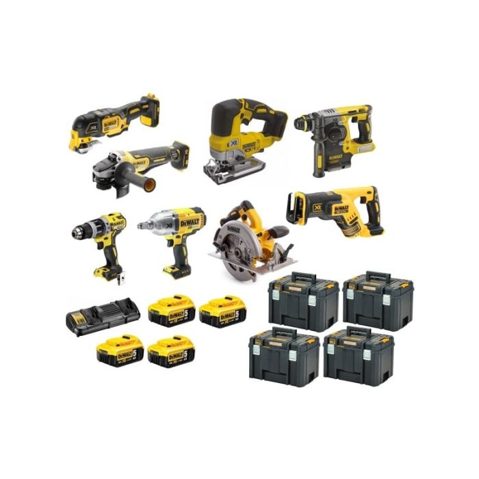 DeWALT - Set 8 scule DCD796N, DCF899N, DCH273N, DCG405N, DCS570N, DCS367N, DCS334N, DCS355N, cu acumulatori 18V, 4x5.0Ah, incarcator si cutii 4xTSTAK IV [DCK865P4T-QW]