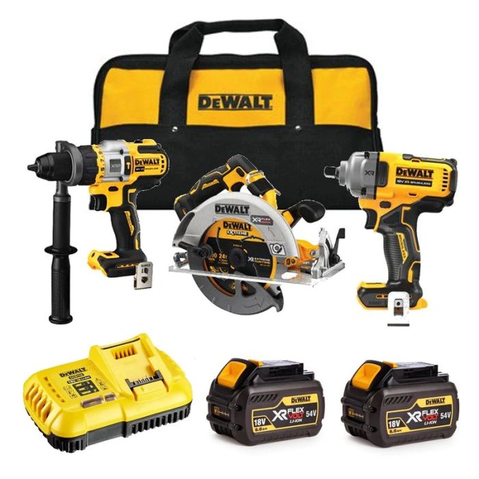 DeWALT - Set 3 scule DCD999N, DCS573N, DCF892N, cu acumulator 18/54V, 2x6.0Ah, incarcator [DCK324T2-QW]