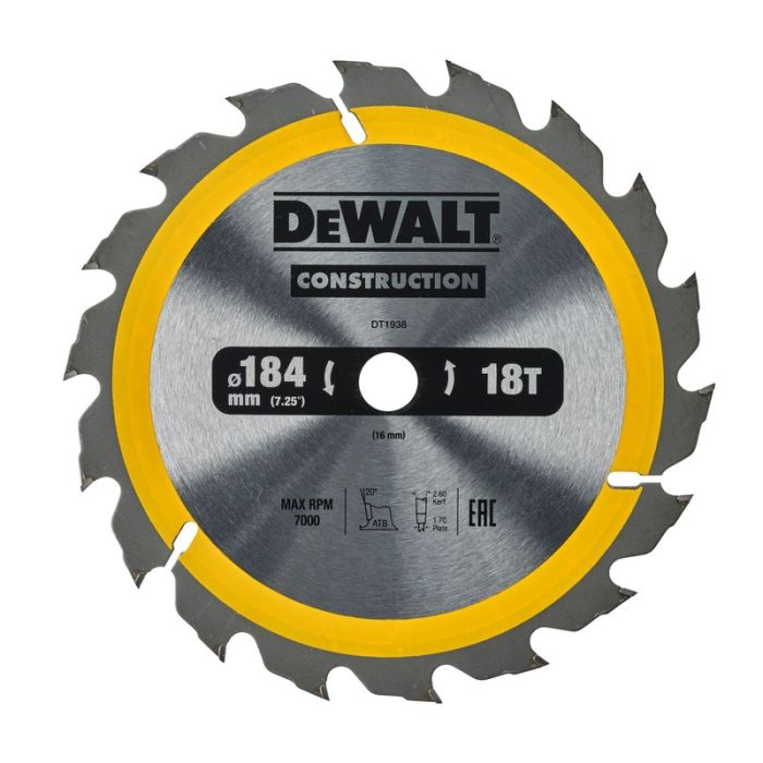 DeWALT - Panza pentru fierastrau circular, Construction, 184x16x2.6mm [DT1938-QZ]