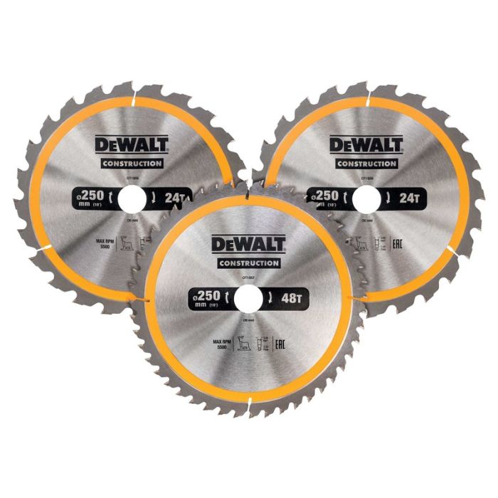 DeWALT - Panze fierastrau circular CONSTRUCTION, 250x30x3mm, 2x 24 dinti, 1x 40 dinti, 3 piese [DT1963-QZ]