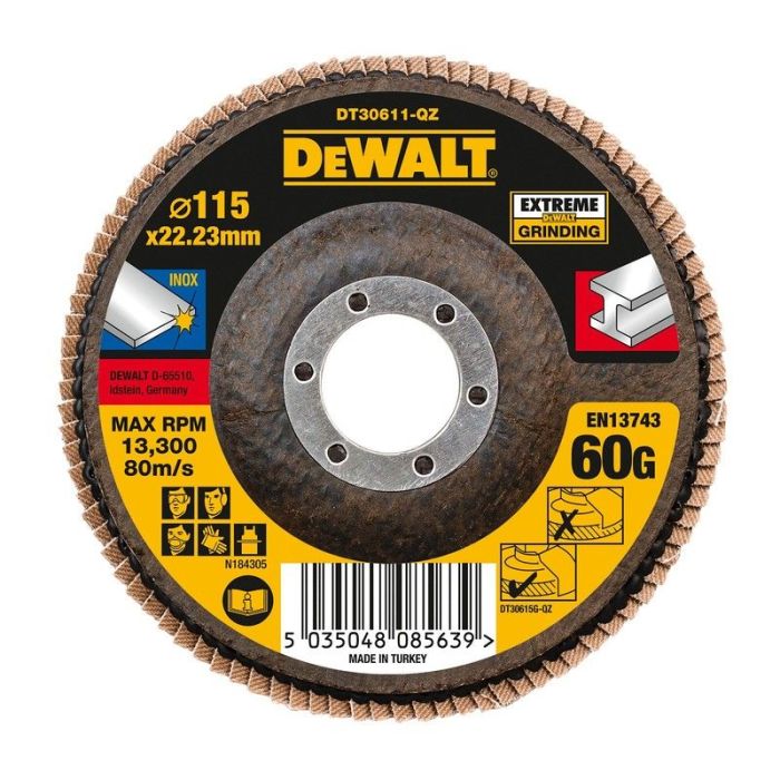 DeWALT - Disc lamelar pentru inox/metal EXTREME, 115x22.23mm, P60 [DT30611-QZ]