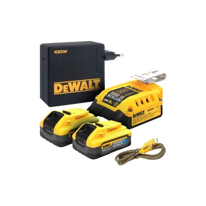 DeWALT - Set 2x acumulator Li-Ion POWERSTACK 18V, 5.0Ah + adaptor incarcare USB-C [DCB094H2-QW]