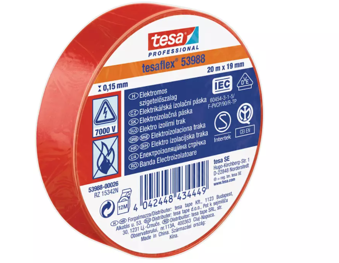 Tesa - Banda electroizolatoare PVC rosu 20mx19mm [53988-00026-00]