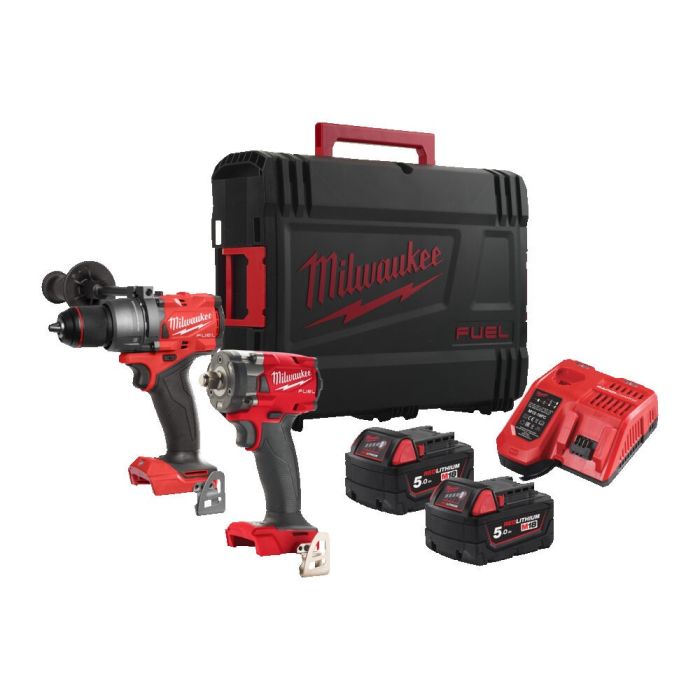 Milwaukee - Pachet M18FPP2B3-502XEU, masina de gaurit cu percutie M18FPD3, masina de insurubat cu impact 1/2" M18 FIW2F12, 2 acu 5 Ah, incarcator, 2xHD Box [4933492521]