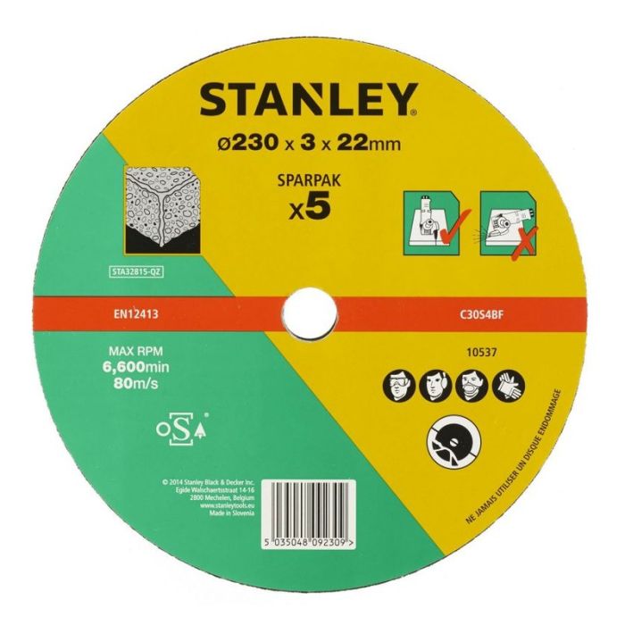 STANLEY - Disc abraziv pentru taiere piatra/beton 230x22.23x3mm, 5 bucati [STA32815-QZ]