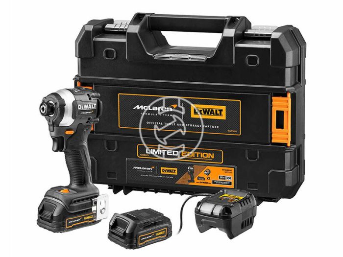 DeWALT - Masina de insurubat cu impact 206Nm, Hex 1/4", cu 2 acumulatori 18V, 1.7Ah, incarcator, valiza (editie McLaren) [DCF85ME2GT-QW]