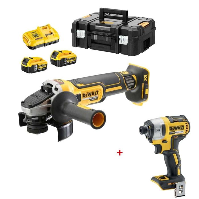 DeWALT - Set 2 scule polizor unghiular 125mm DCG405P2 + masina insurubat cu impact 1/4" DCF887NT cu acumulatori 18V 2x5.0Ah, incarcator, valiza [MET-14352]