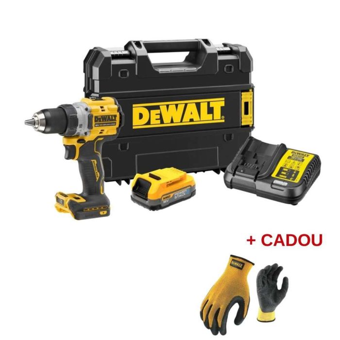 DeWALT - Masina de gaurit si insurubat 90Nm, DCD800E1T, cu acumulator Powerstack 18V, 1.7Ah, incarcator, valiza  + manusi protectie [MET-14179]