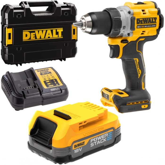 DeWALT - Masina de gaurit si insurubat 90Nm, cu acumulator Li-Ion Powerstack 18V, 1.7Ah, incarcator, valiza [DCD800E1T-QW]