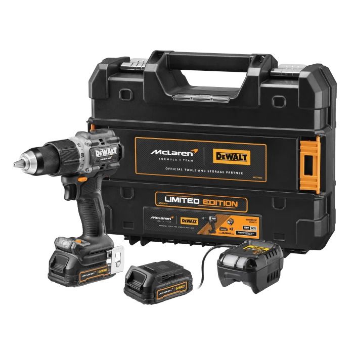 DeWALT - Masina de gaurit si insurubat cu percutie 90Nm, McLaren, cu 2 acumulatori Li-Ion 18V, 1.7Ah, incarcator, valiza [DCD85ME2GT-QW]