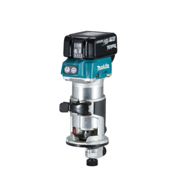 Makita - Masina de frezat 8 mm, cu acumulator 18V 2x5.0Ah, incarcator, 3 capete frezare, geanta textila [DRT50RTEX3]