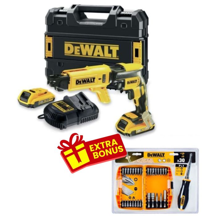 DeWALT - Masina de insurubat pentru gips-carton, cu 2 acumulatori 18V, 2.0Ah, incarcator, valiza (DCF620D2K) + trusa insurubare 30 piese DT71506