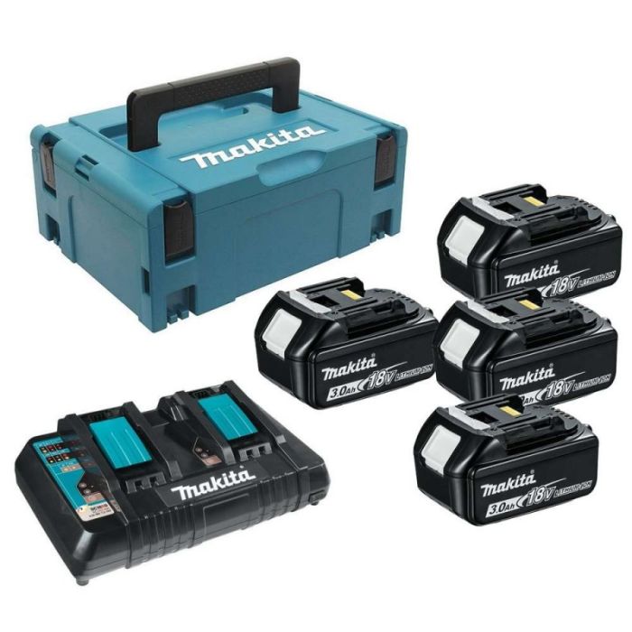 Makita - Set 4x acumulator Li-Ion LXT, BL1830B, 18V, 3.0Ah + incarcator DC18RD, valiza Makpac2 [197970-3]