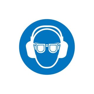 Semn obligativitate purtare echipament de protectie pentru ochi si urechi, Ø 200 mm, folie autoadeziva, SAFETY MARKING