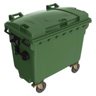 Tomberon gunoi 660 l, din plastic, 1370 x 780 x 1250 mm, capac plat, verde, cu 4 roti