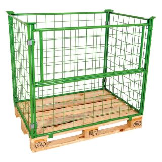 Boxpalet cu cadru verde, 800 x 1200 x 800 mm, grilaj 100 x 100 x 3.8 mm, portanta 800 kg, capacitate suprapunere 1600 kg