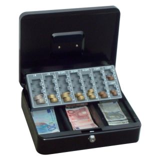 Caseta de bani, din otel, neagra, 300 x 240 x 90 mm, cu 3 compartimente pentru bancnote