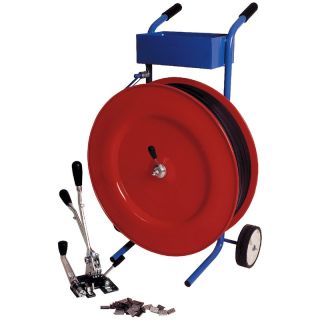 Set de chingi din plastic PP, 16 mm x 2000 m, cu carucior distribuitor, 1700 N