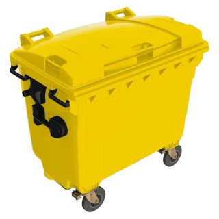 Tomberon gunoi 660 l, din plastic, 1370 x 780 x 1250 mm, capac plat, galben, cu 4 roti