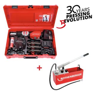 Pachet dispozitiv de presat Rothenberger Romax 4000 cu bacuri de presare M15-22-28, 4Ah + pompa testare RP 50-S