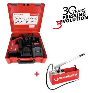 Pachet dispozitiv de presat Rothenberger Romax Compact III cu bacuri de presare SV15-22-28, 2Ah + pompa testare RP 50-S